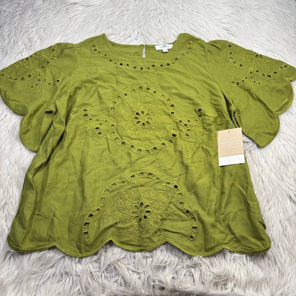 NWT Calligraphie Women's 1X Green Linen Blend Scallop Sleeve Blouse Boho Artsy